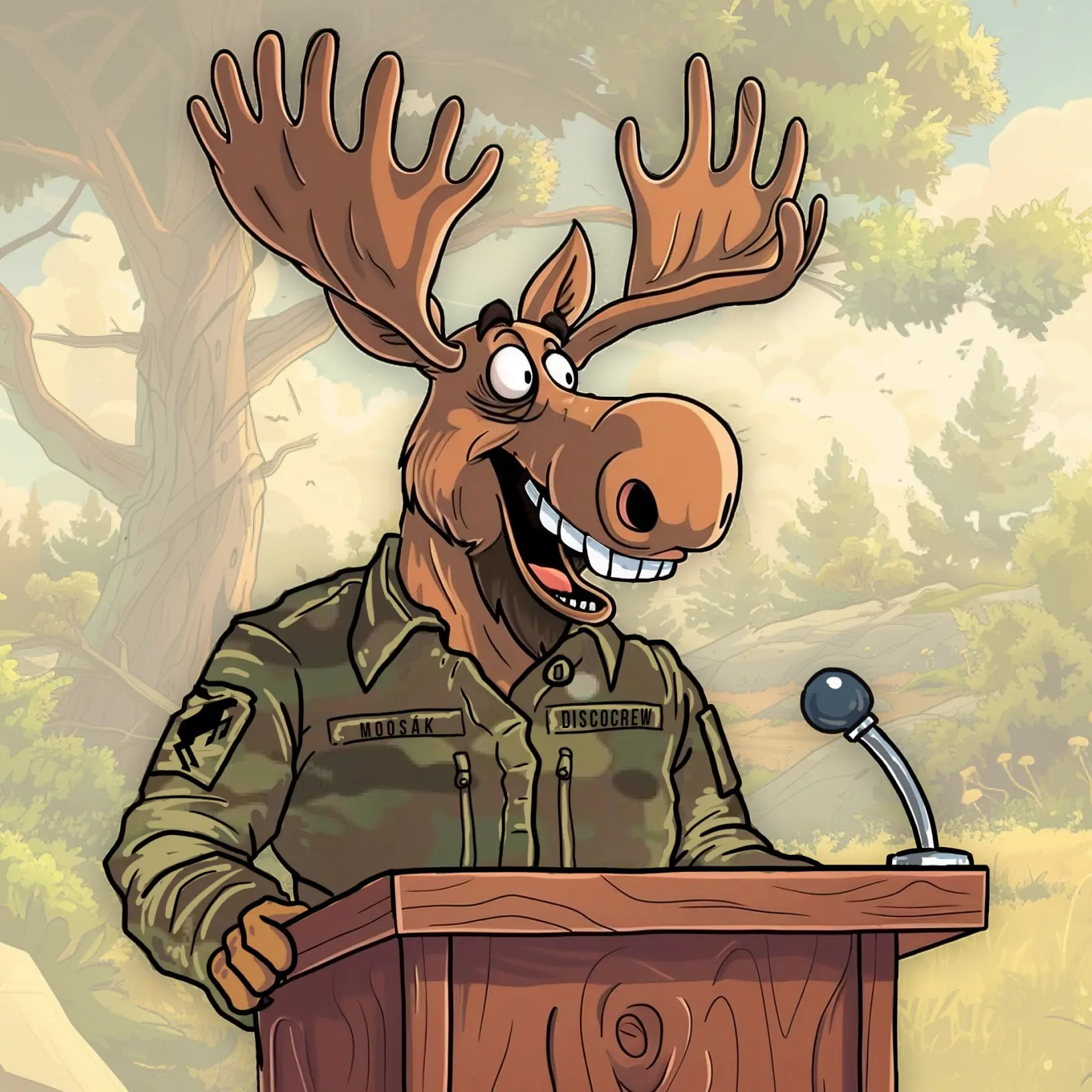 Obrázek animovaného losa, který organizuje konferenci