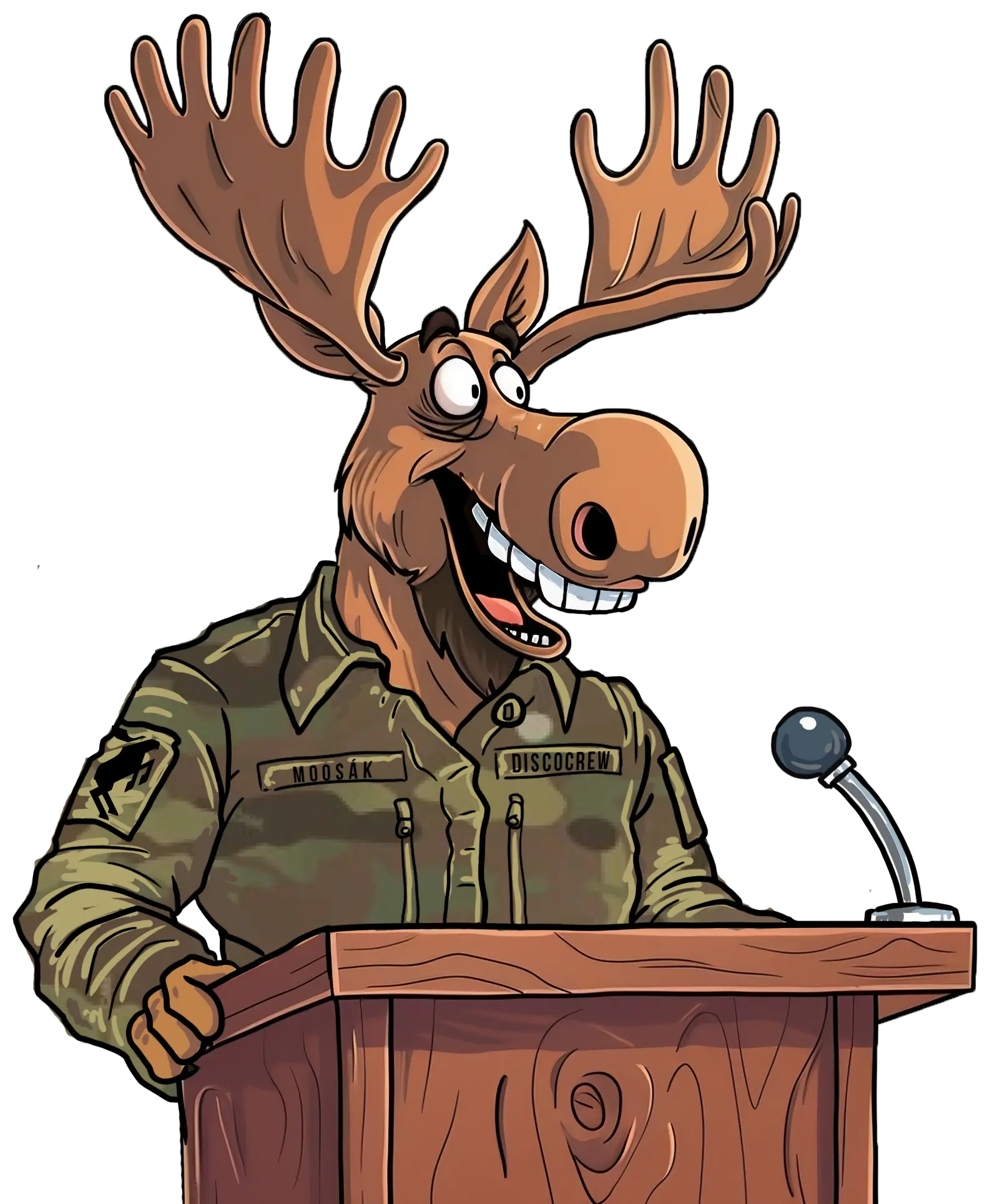 Moosak za pultem na konferenci představující plán dne