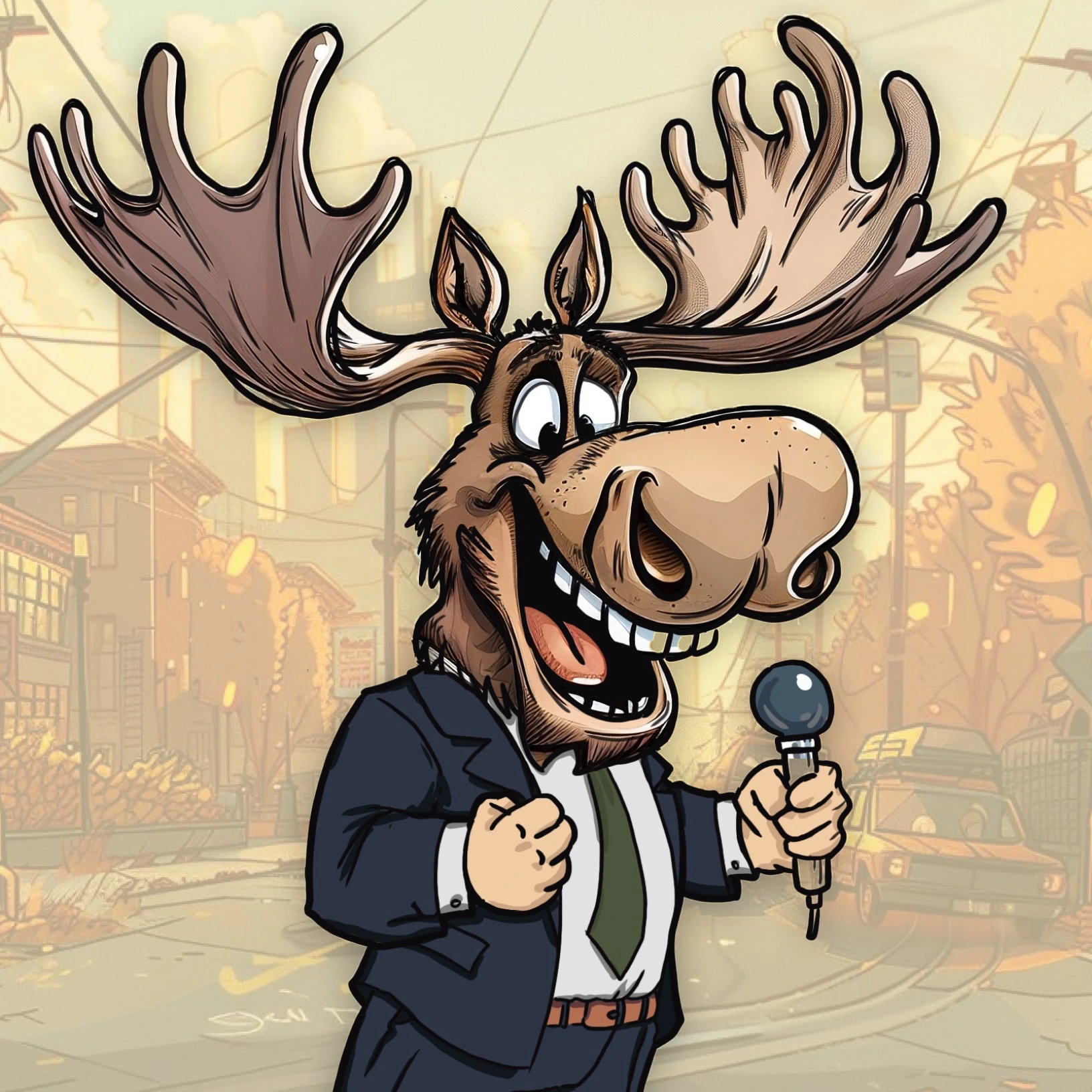 Obrázek animovaného losa, který se fotí ve fotokoutku s výzbrojí