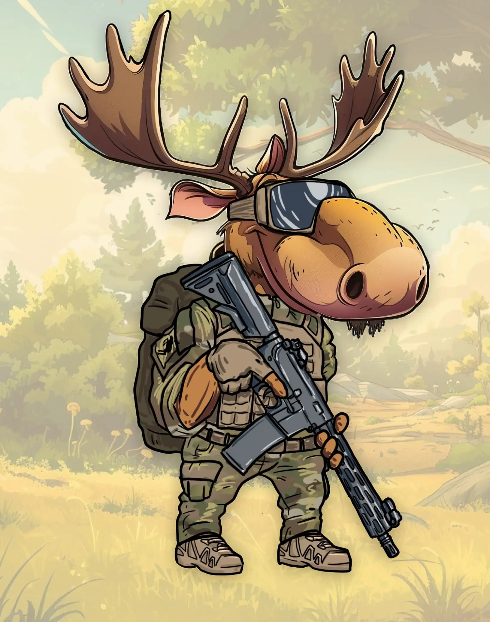 Moosak se zbraní v airsoftovém obleku