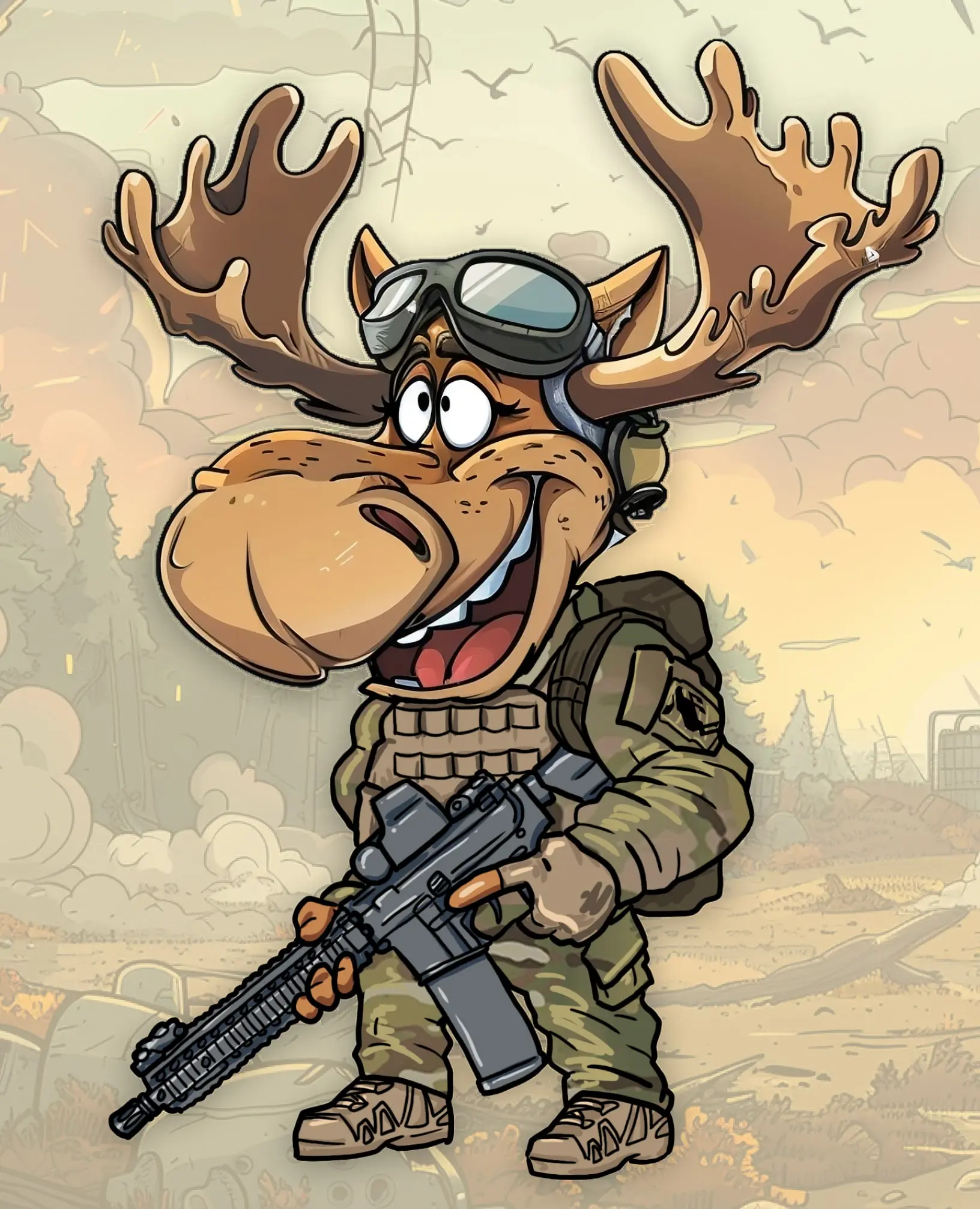 Moosak ve vojenském oblečení a se zbraní ve fotokoutku