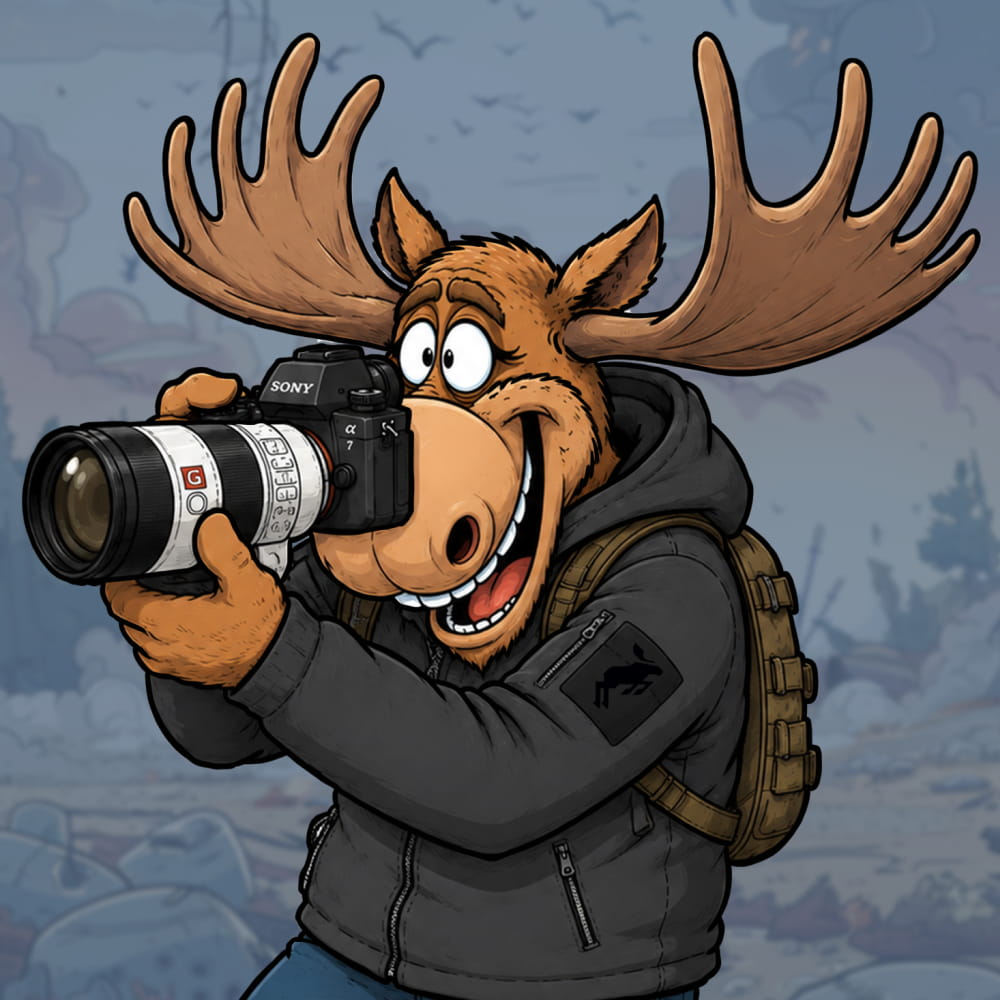 Obrázek animovaného losa, který se fotí ve fotokoutku s výzbrojí